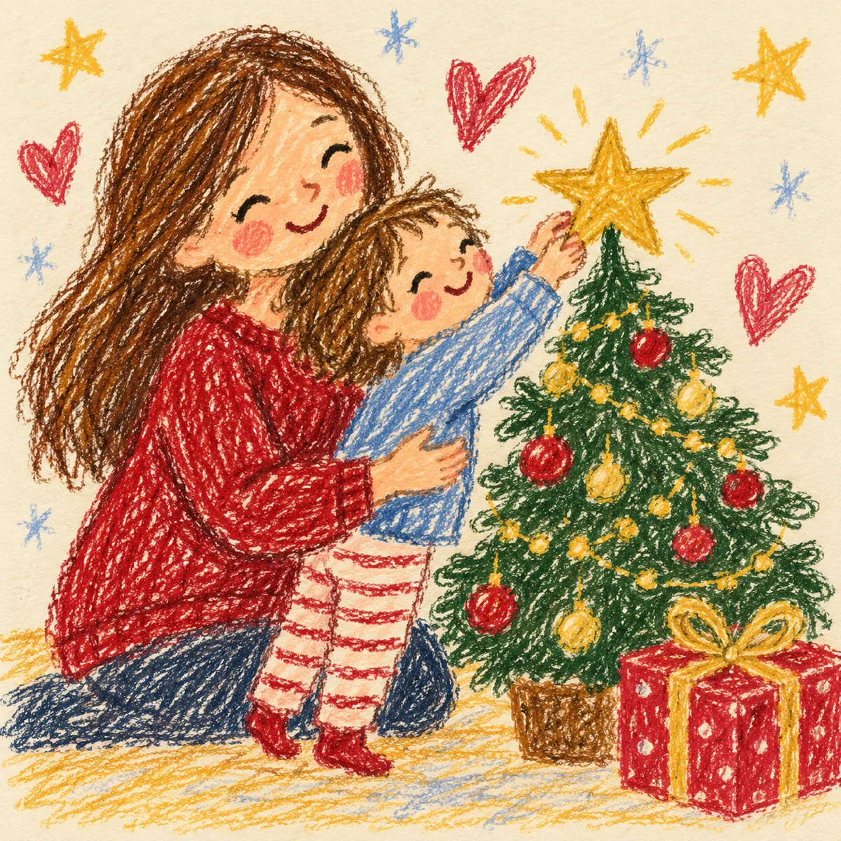 Una madre y su hija colocan una estrella en el árbol de Navidad