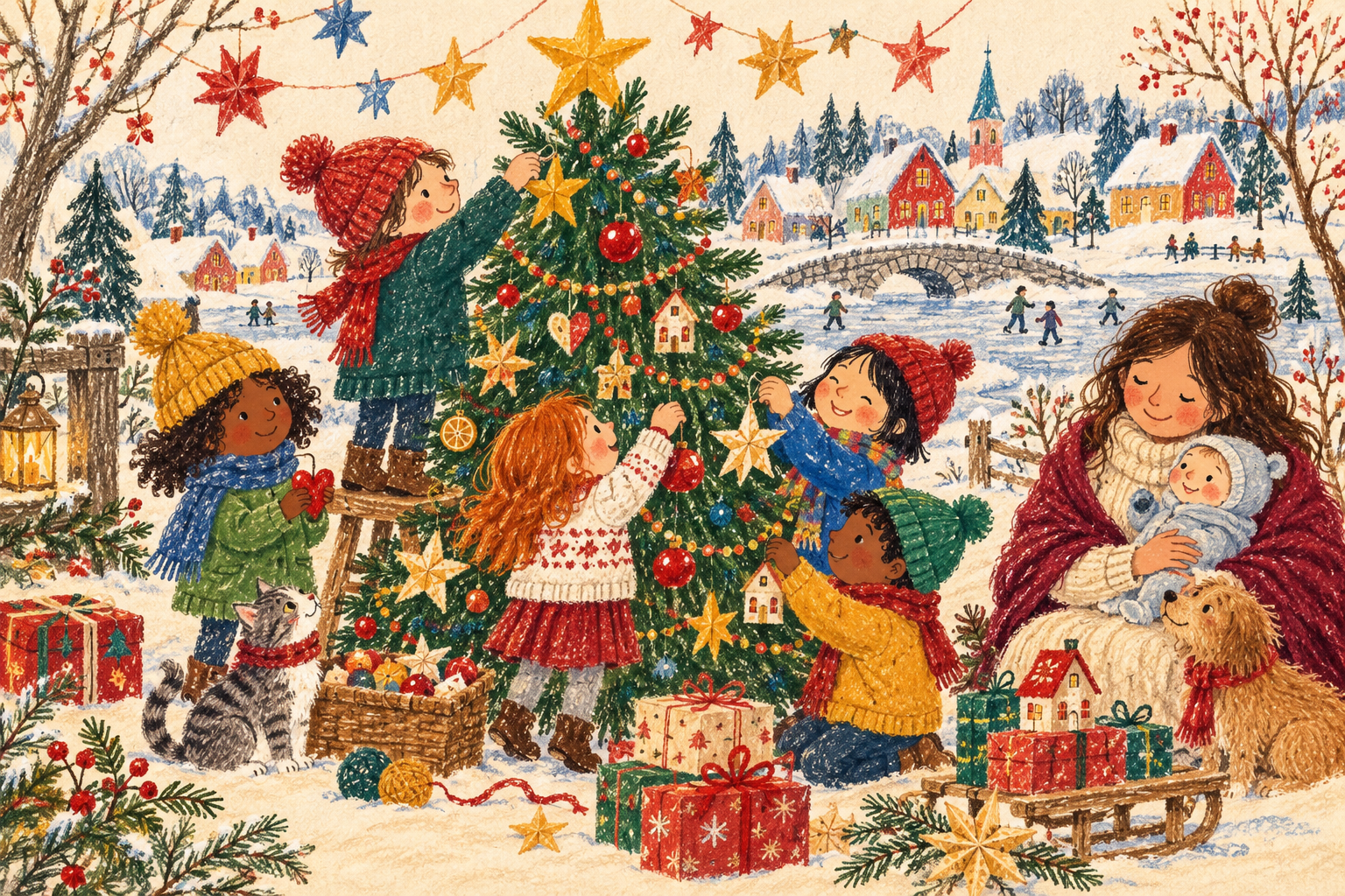 Niños y niñas decoran juntos un árbol de Navidad, junto a una madre y su bebé
